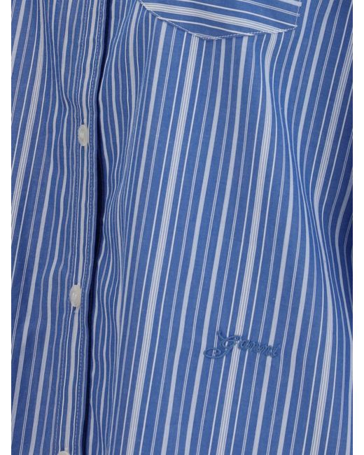 Ganni Blue Striped Cotton Shirt With Balloon Sleeves And Classic Collar