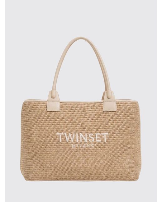 Twinset Natural Raffia Shopper Bag With Embroidered Logo