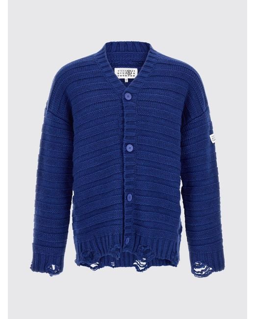 MM6 by Maison Margiela Blue Relaxed Fit Distressed-Effect Wool-Blend Cardigan for men