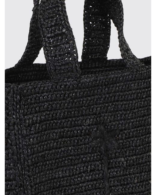 Manebí Black Natural Raffia Crochet Handbag With Tone-On-Tone Embroidered Logo