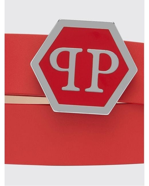 Philipp Plein Red Smooth Leather Belt With Hexagon Monogram Buckle