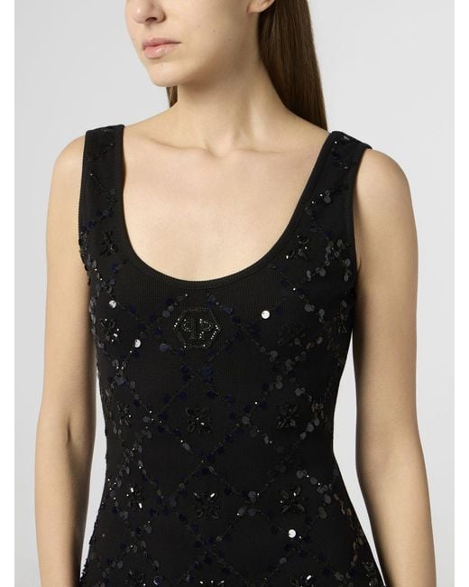 Philipp Plein Black Jersey Sheath Mini Dress With Sequins And Hexagon Logo