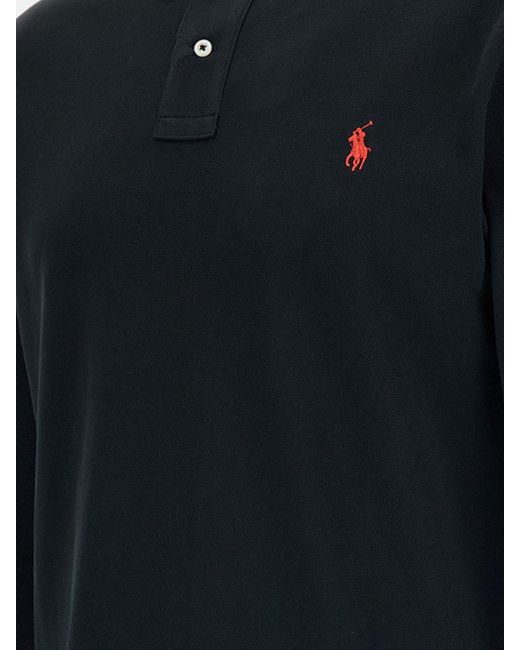 Polo Ralph Lauren Blue Long-Sleeved Slim-Fit Cotton Polo Shirt With Pony Logo for men