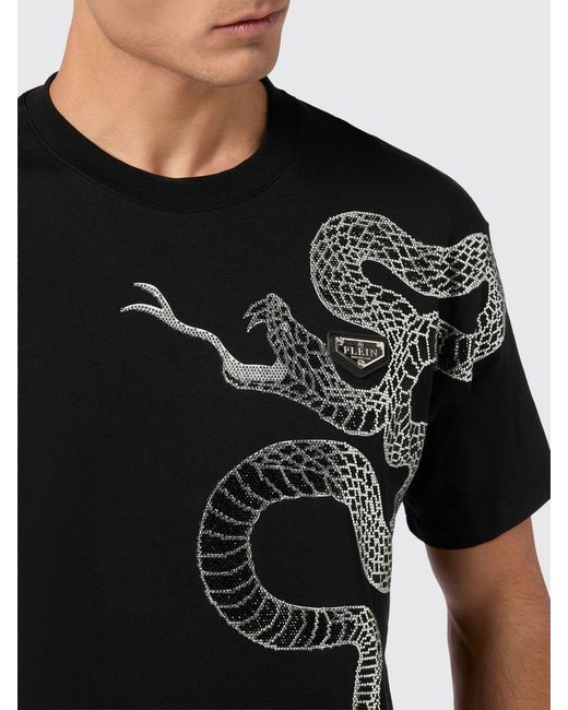 Philipp Plein Black Embroidered Snake Print Cotton T-Shirt for men