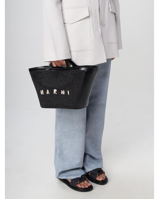 Marni Black Tropicalia Bag In Leather And Raffia