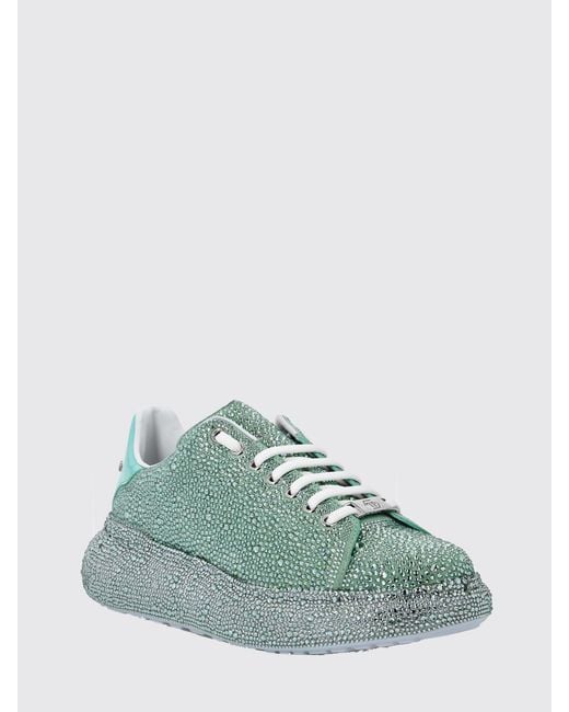 Philipp Plein Green Leather Platform Sneakers With Embroidered Details And Rhinestones