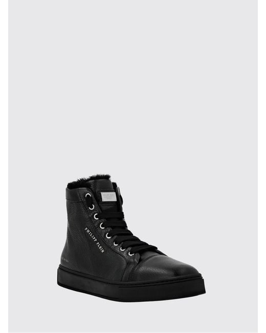 Philipp Plein Black High-Top Grained Leather Sneakers With Shearling Lining for men