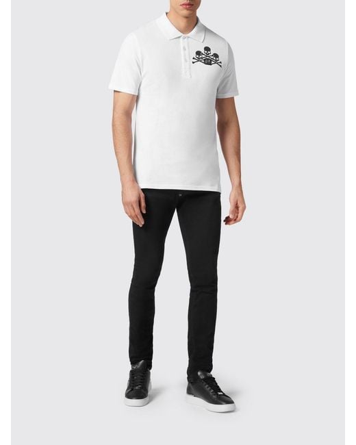 Philipp Plein White Slim Fit Cotton Polo Shirt With Skull Print And Hexagon Logo for men
