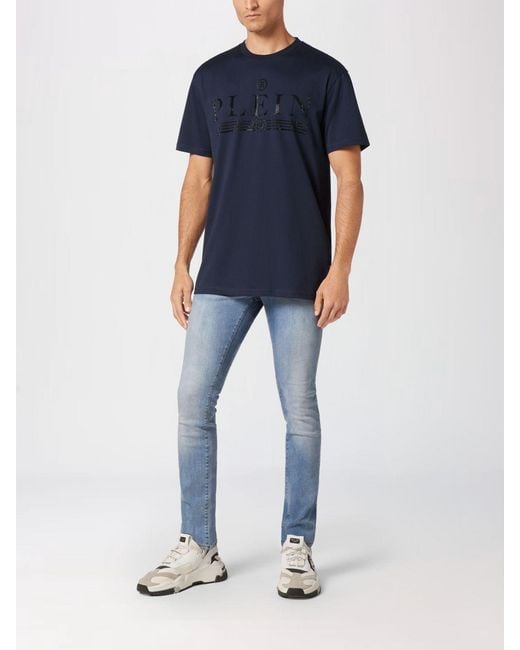 Philipp Plein Blue Cotton Crew Neck T-Shirt With Rhinestone Logo Lettering for men