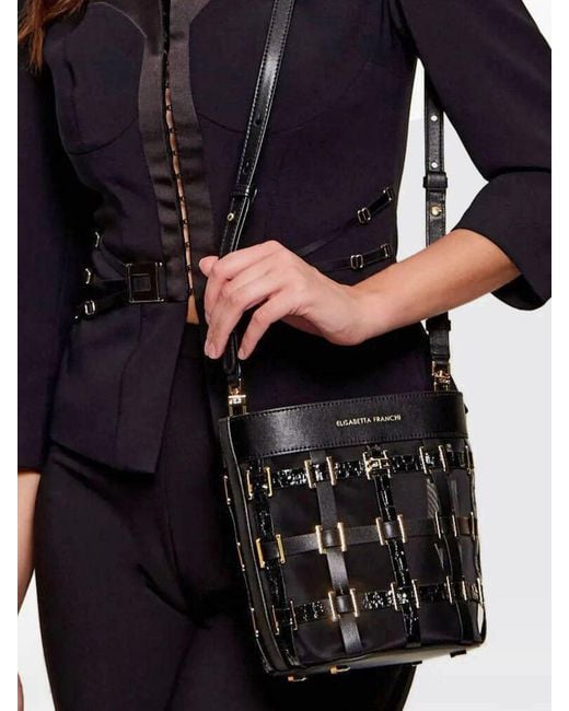 Elisabetta Franchi Black Mesh Bucket Bag With Embroidery And Internal Pouch