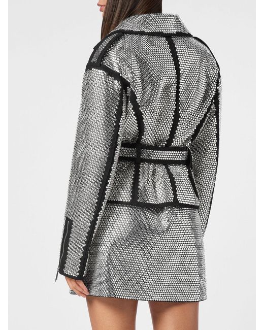 Philipp Plein Gray Short Biker-Style Jacket With Rhinestones And Peak Lapels