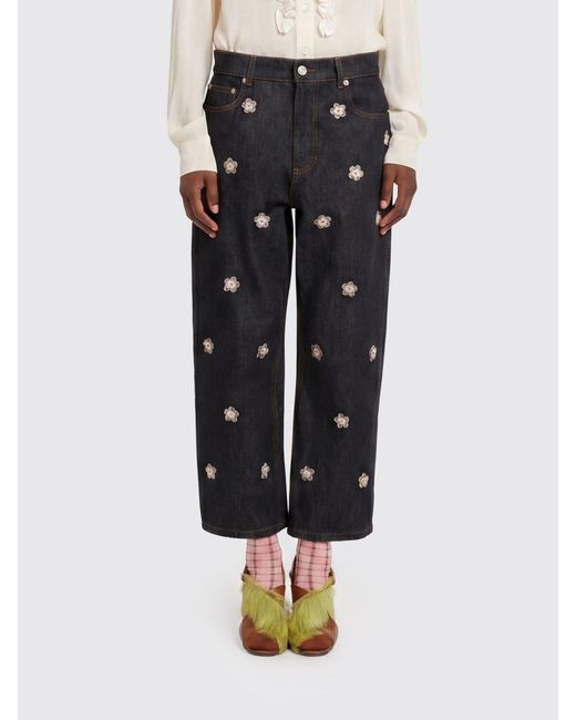 Marni Black Denim Jeans With Floral Embroidery