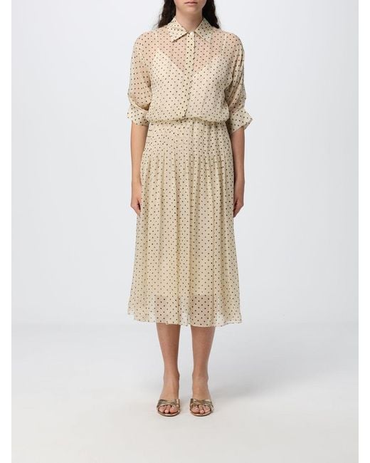 Crida Milano Natural Polka-Dot Silk Chiffon Midi Chemisier Dress With Long Sleeves