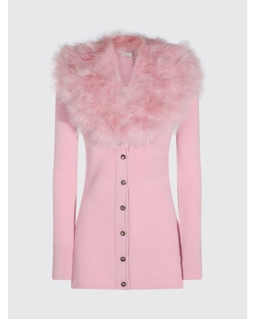 Blumarine Pink Slim Fit Virgin Wool Cardigan With Contrast Fur Collar