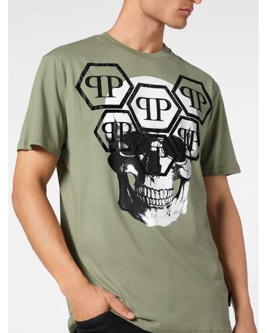 Philipp Plein Green Cotton T-Shirt With Skull Print And Rhinestone Hexagon Logo for men