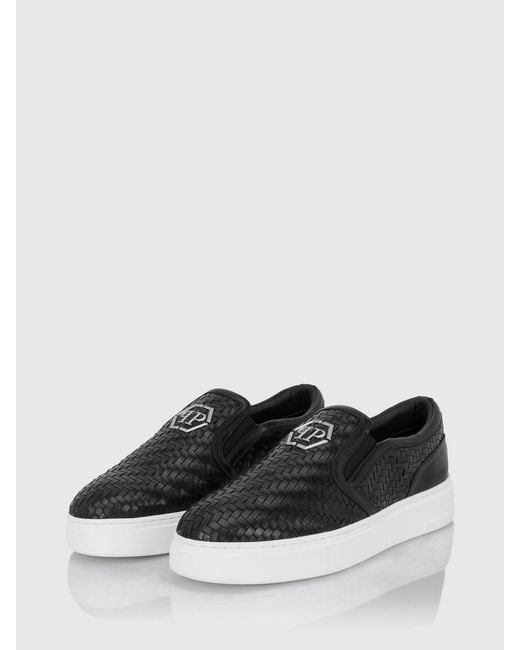 Philipp Plein White Monogram Woven Leather Slip-On Trainers With Hexagon Logo for men