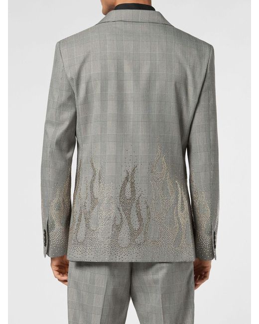Philipp Plein Gray Prince Of Wales Wool Blazer With Applied Crystals for men