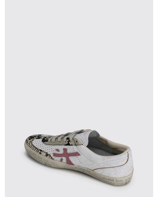 Premiata White David Leather Trainers With Python-Effect And Crackled Inserts