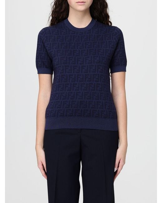 Fendi Blue Wool And Silk Crew-Neck Pullover With Monogram Motif