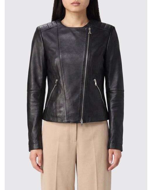 Patrizia Pepe Black Slim Fit Lambskin Leather Jacket With Round Neck And Fly Logo
