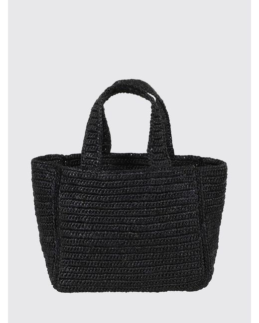Manebí Black Natural Raffia Crochet Handbag With Tone-On-Tone Embroidered Logo