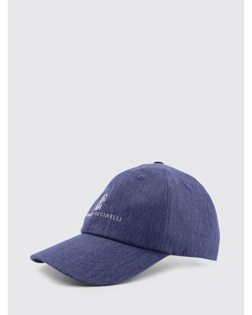 Brunello Cucinelli Blue Linen Hat With Embroidered Logo for men