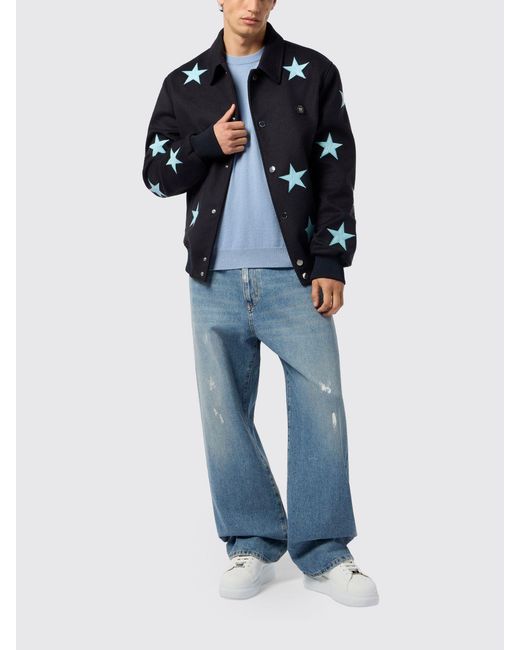 Philipp Plein Blue Animalier And Star Print Wool Bomber Jacket for men
