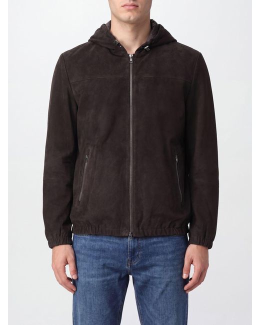 Herno Black Hooded Suede Sheepskin Leather Jacket With Zip Closure for men