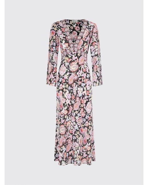 Rixo Red Floral Print Long-Sleeved Silk Midi Sheath Dress With V-Neck