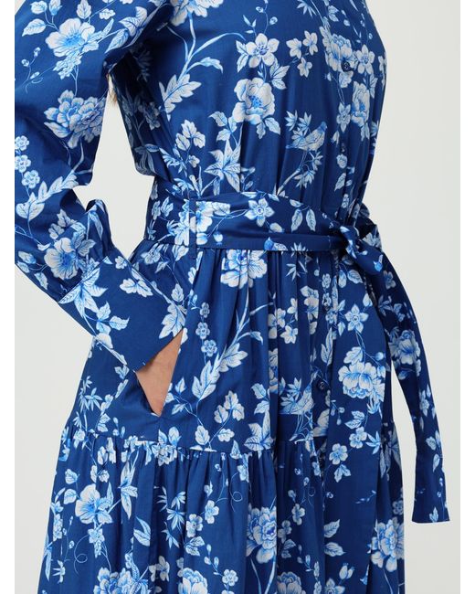 Mc2 Saint Barth Blue Elegant Floral Print Maxi Dress With Long Sleeves And Tiered Skirt
