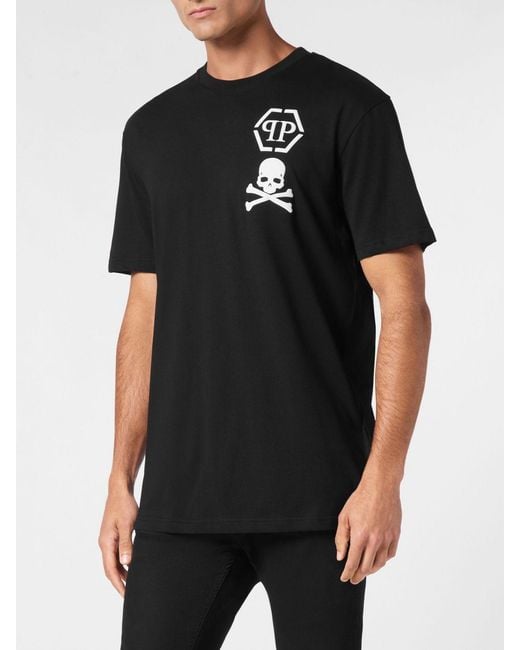 Philipp Plein Black Cotton T-Shirt With Skull And Logo Print for men