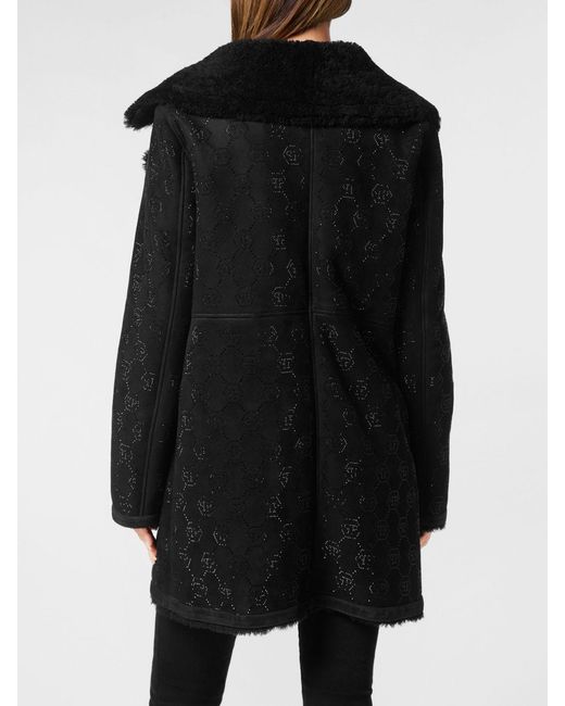 Philipp Plein Black Single-Breasted Shearling Coat With Rhinestone Hexagon Logo