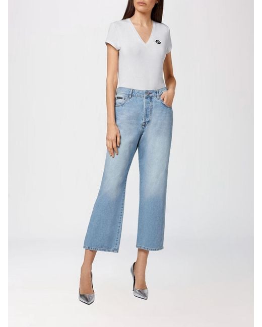 Philipp Plein Blue High-Waisted Wide Leg Cropped Stretch Denim Jeans
