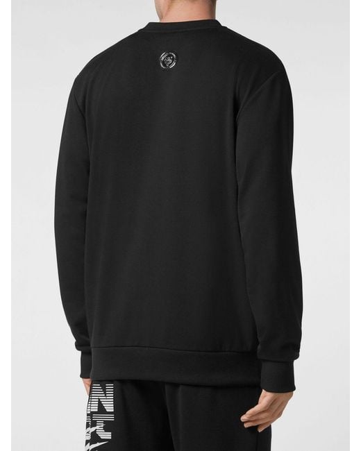 Philipp Plein Black Cotton Crewneck Sweatshirt With Graphic Print And Dropped Shoulders for men