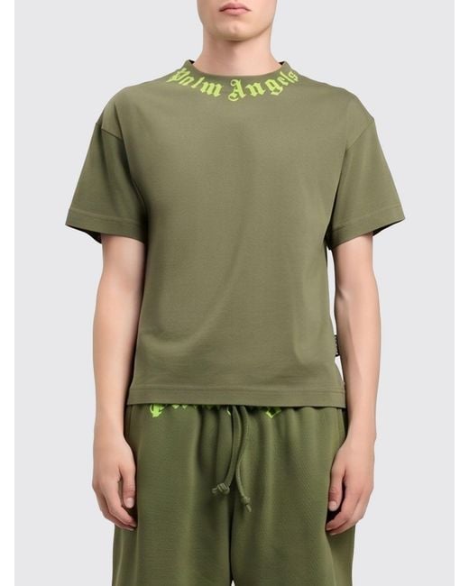 Palm Angels Green Cotton T-Shirt With Logo for men