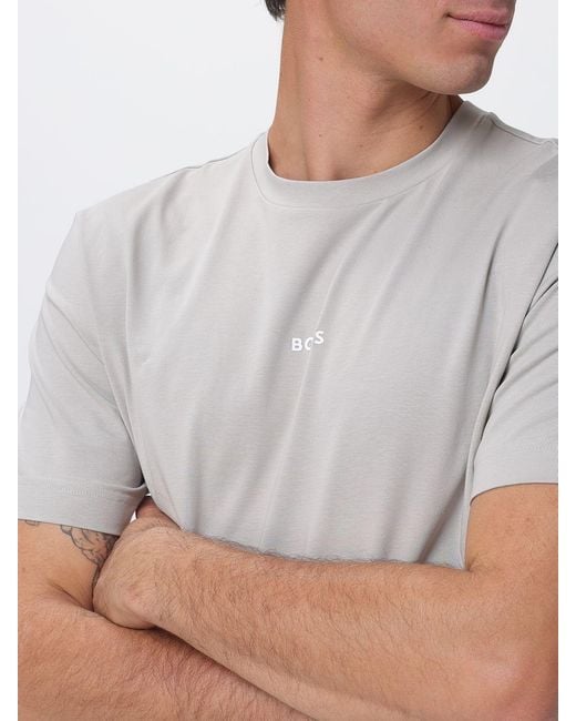 Boss Gray Crew Neck Stretch-Cotton T-Shirt With Contrast Chest Logo for men