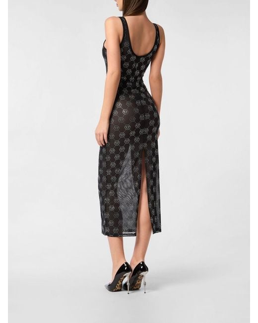 Philipp Plein Black Rhinestone Jersey Midi Dress
