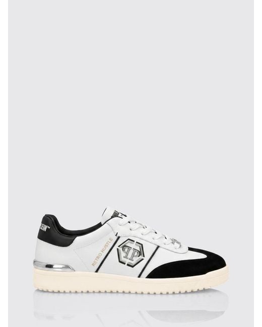 Philipp Plein White Retro Hustle Leather Sneakers With Hexagon Logo for men