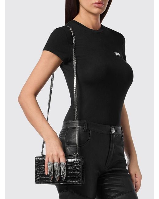 Philipp Plein White Crocodile Print Leather Clutch With Rhinestone Ring