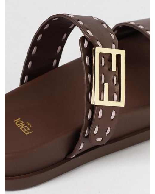 Fendi Brown Feel Leather Slippers With Contrast Stitching