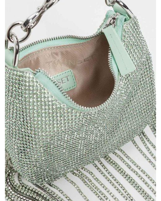 Twinset Green Satin Bag With All-Over Crystals And Fringes