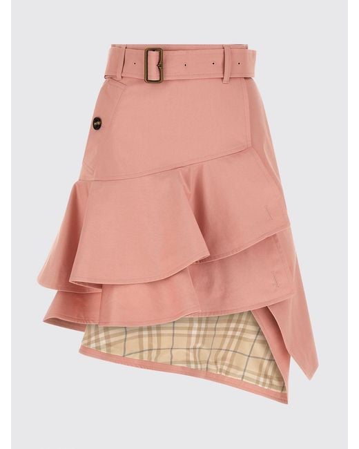 Burberry Pink High-Waisted Asymmetrical Cotton Midi Skirt With Belt