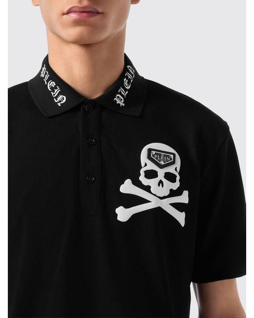 Philipp Plein Black Cotton Polo Shirt With Skull Print And Hexagon Logo for men