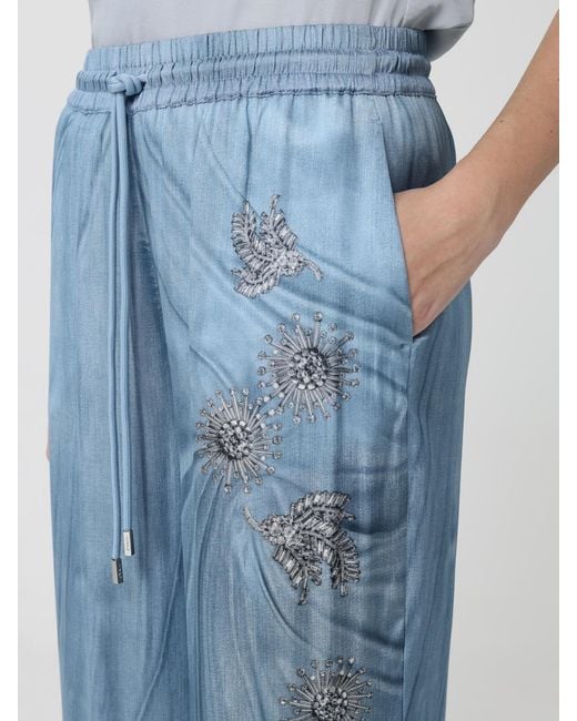 Pinko Blue Cotton Palazzo Trousers With Jewel Print