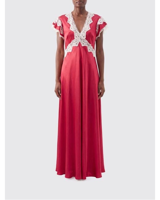 Alberta Ferretti Red Long Satin Dress With Lace Inserts