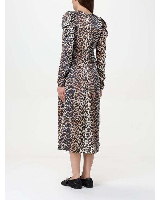 Ganni Brown Leopard Print Midi Dress Puff Sleeves