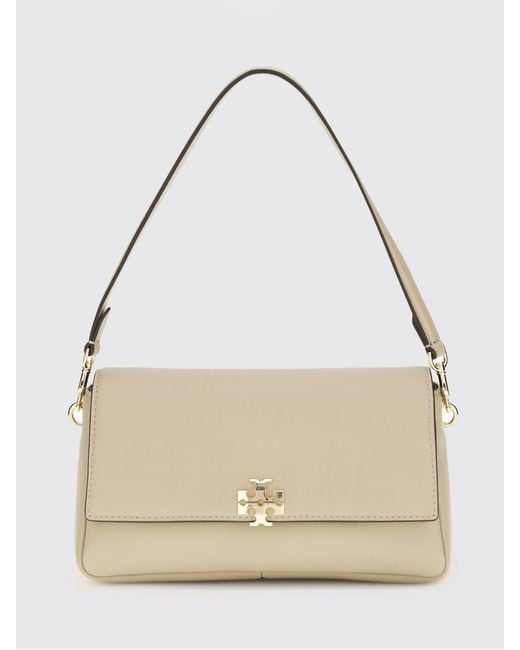 Tory Burch Natural Charlie Leather Shoulder Bag With Double T Logo And Removable Strap