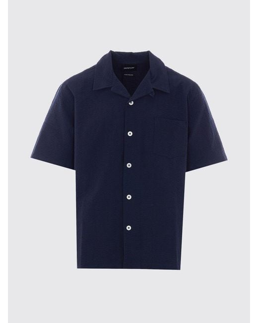 Howlin' By Morrison Blue Stretch-Cotton Bowling Shirt With Cuban Collar And Short Sleeves for men