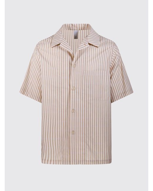Hevò Natural Striped Cotton Bowling Shirt With A Cuban Collar And Patch Pocket for men