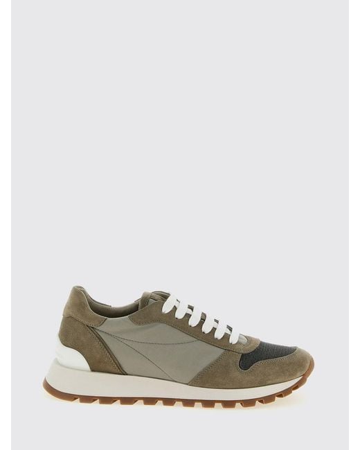 Brunello Cucinelli White Suede And Nylon Sneakers With Monile